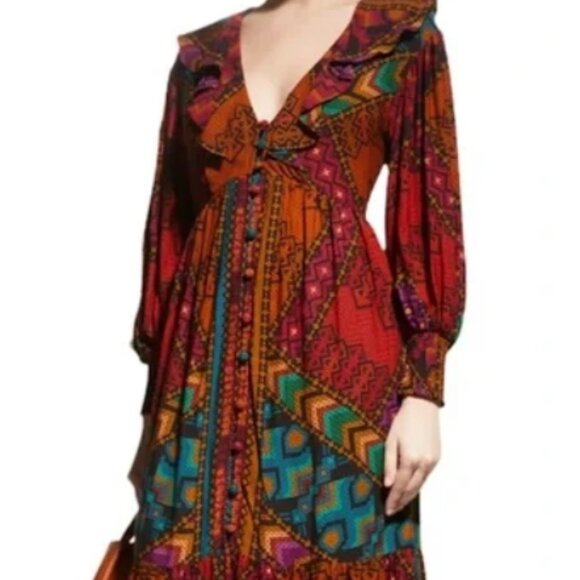 NWOT Farm Rio V-Neck Puff Sleeve Tiered Yawanawa Ruffle Maxi Boho Dress XS $275 - Picture 3 of 9
